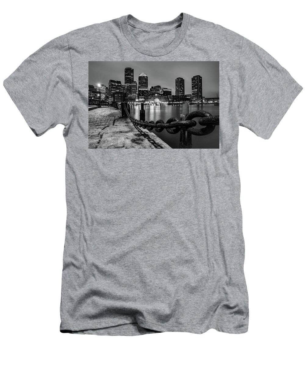 Boston Skyline T-Shirt featuring the photograph Boston Harbor Skyline From the Harborwalk in Black and White by Gregory Ballos