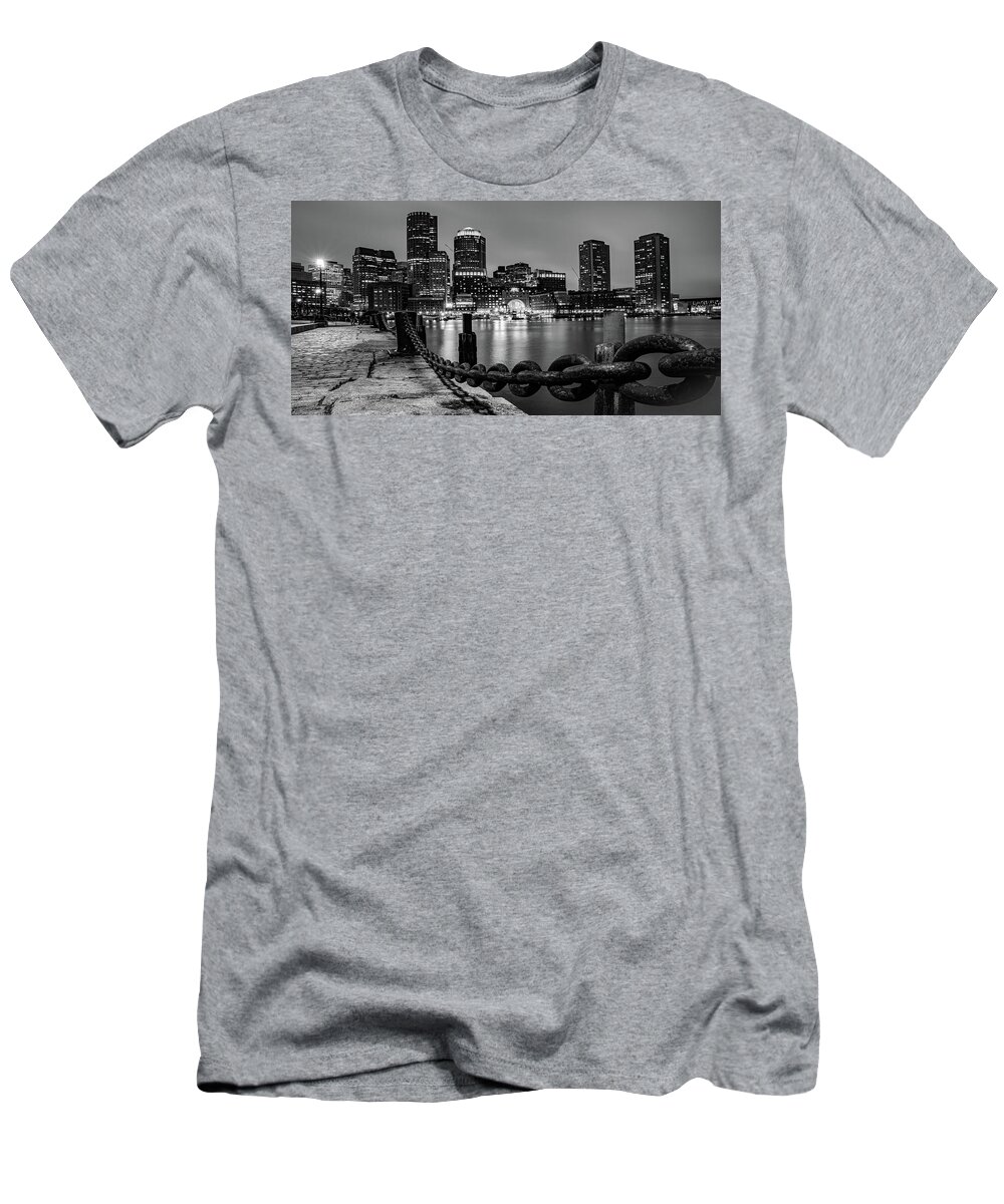 America T-Shirt featuring the photograph Boston Harbor Skyline Panorama From the Harborwalk in Black and White by Gregory Ballos