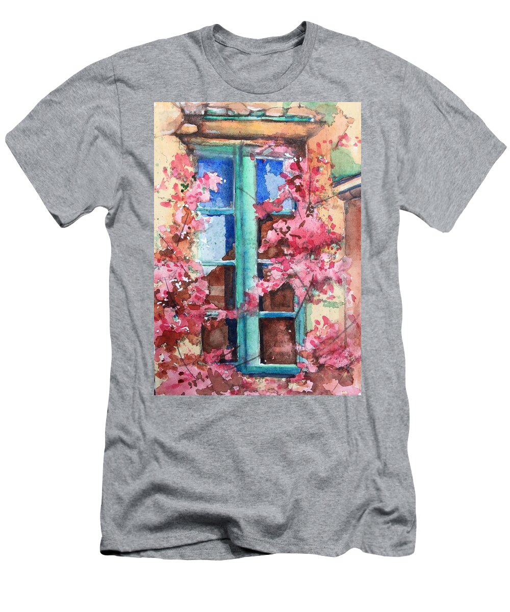 Watercolor Window T-Shirt featuring the painting Bougainvillea reflections by Rebecca Matthews
