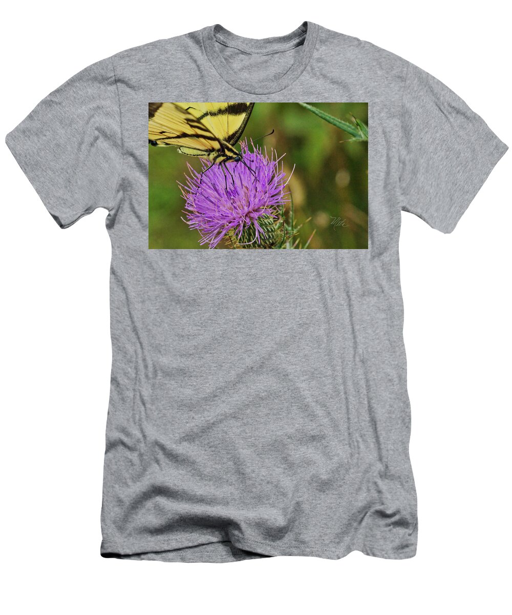 Macro Photography T-Shirt featuring the photograph Butterfly On Bull Thistle by Meta Gatschenberger
