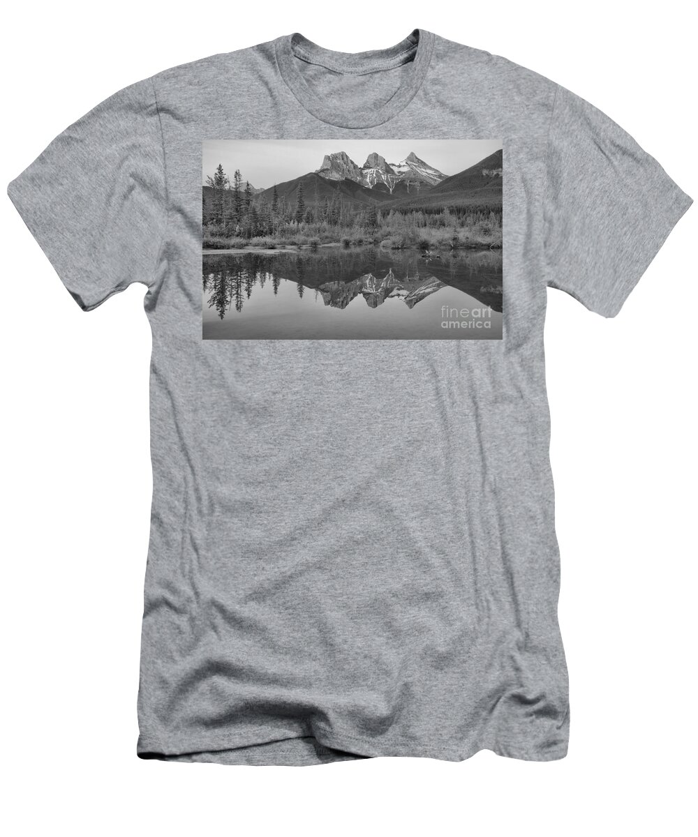 Three Sisters T-Shirt featuring the photograph Canmore Morning Pastels Black And White by Adam Jewell
