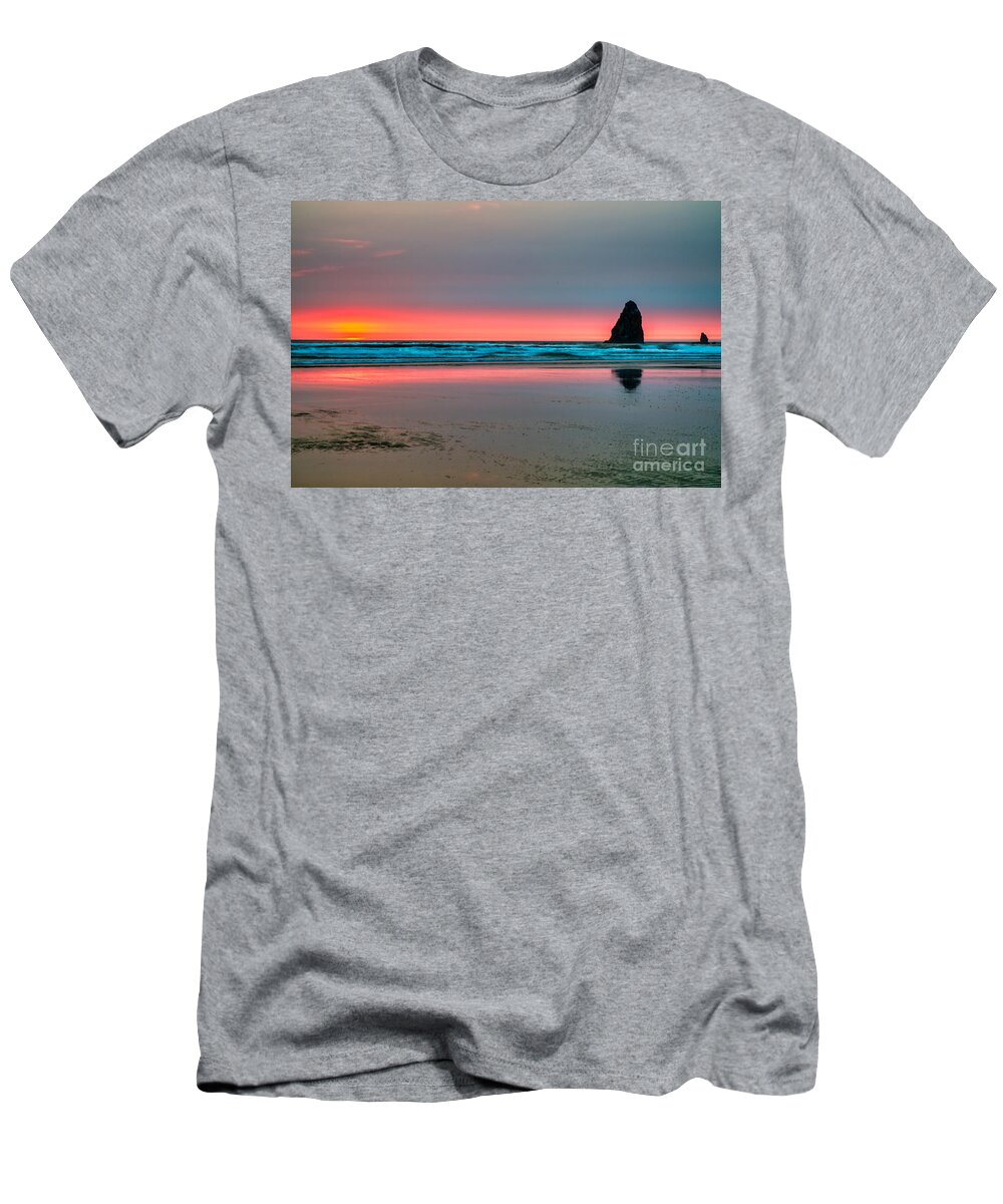 Sunset T-Shirt featuring the photograph Cannon Beach Sunset with a smokey hazy sky by Bruce Block