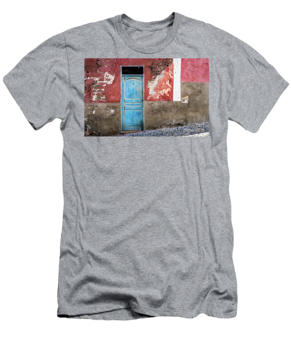 Wall T-Shirt featuring the photograph Colorful wall with blue door by Lyl Dil Creations