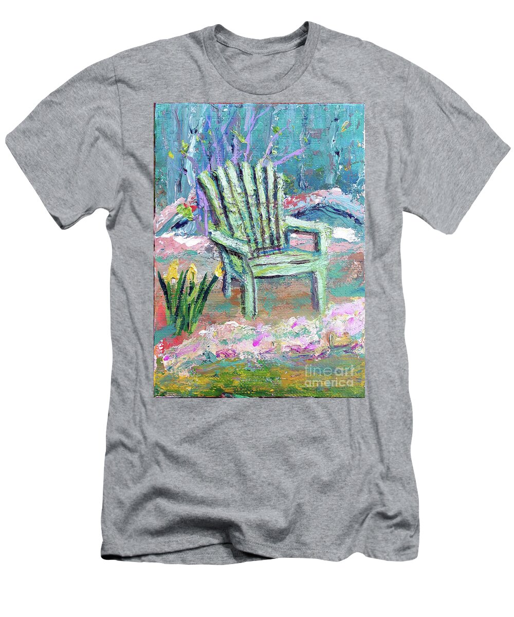 Garden Chair Pastel Plein Air Abstract Tulip Forest Impressionism Impressionistic Sage Pink Violet Bedroom Bathroom Decore Water Landscape Augusta Missouri T-Shirt featuring the painting Come View the Lake by Manuela Woolsey