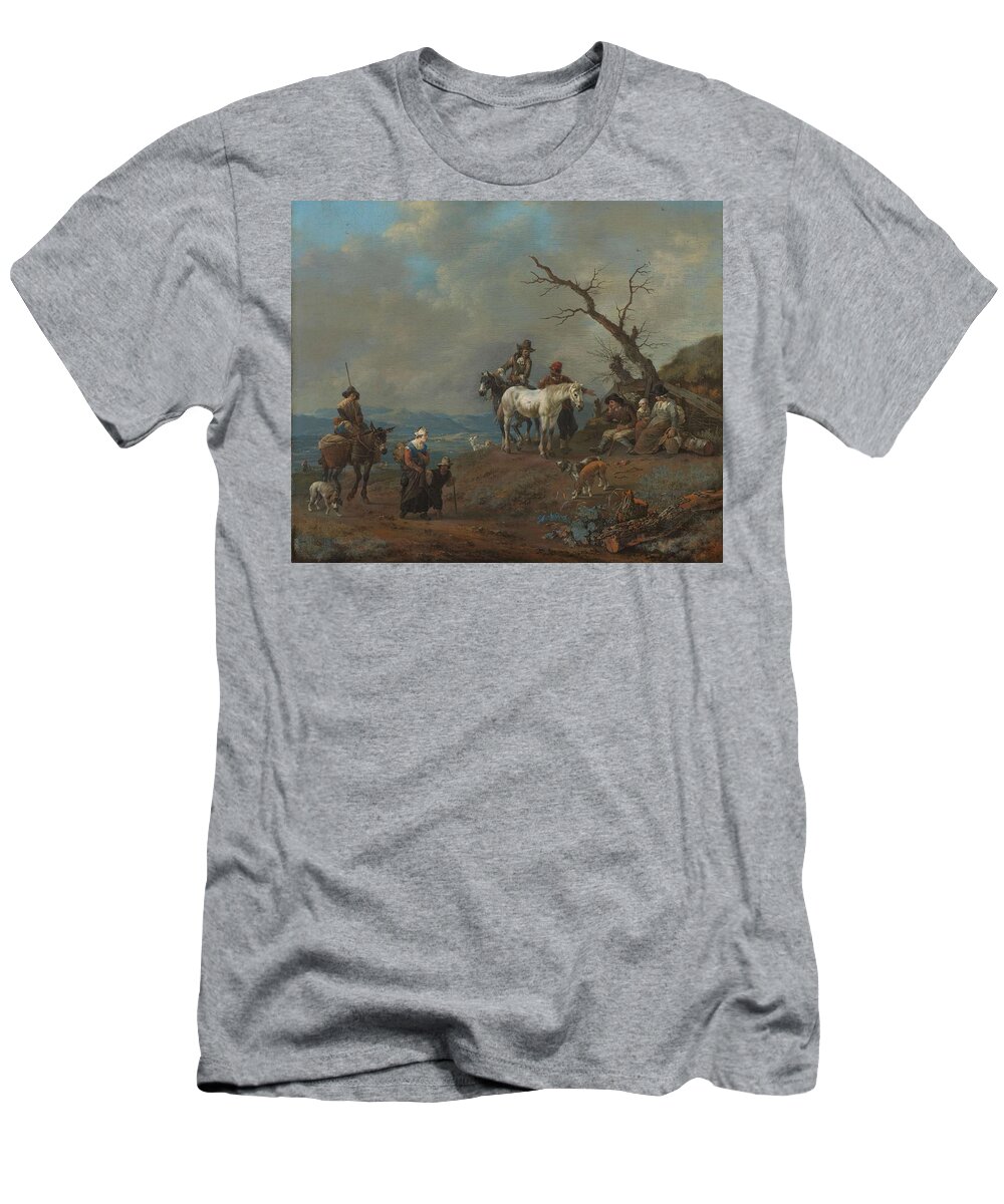 Canvas T-Shirt featuring the painting Country Road with Hunter and Peasants. by Johannes Lingelbach
