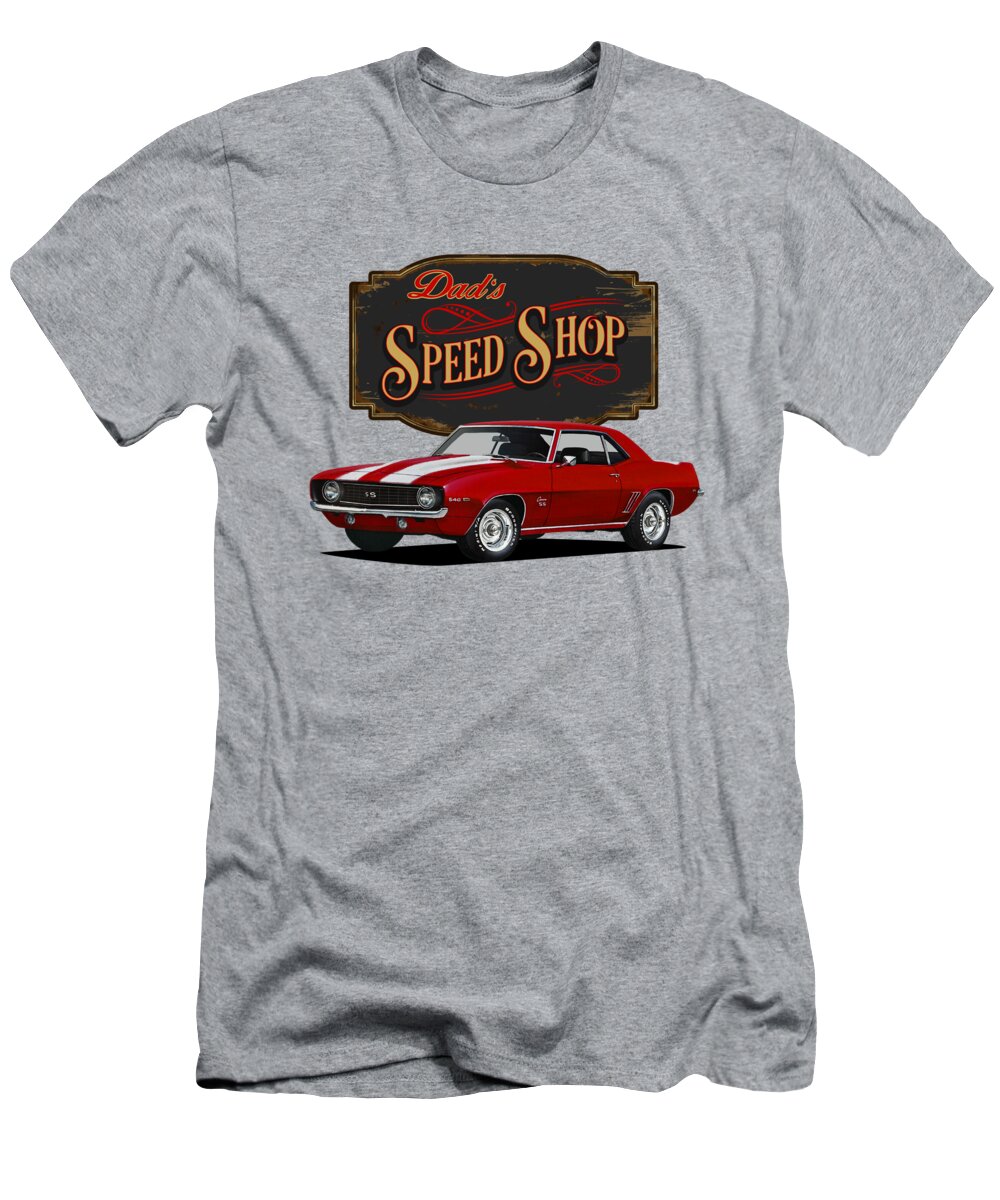 Camaro T-Shirt featuring the mixed media Dad's Camaro Speed Shop by Paul Kuras
