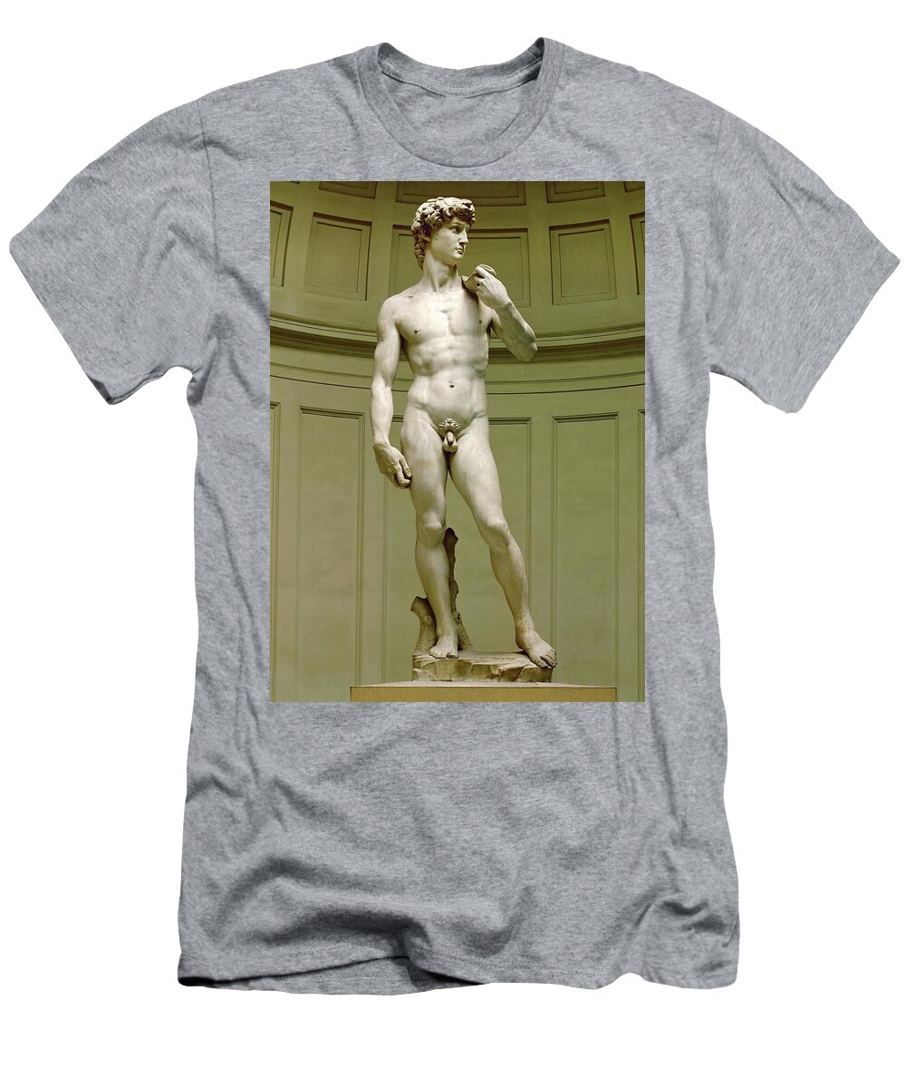 David T-Shirt featuring the sculpture David. Marble statue -after 1501-. Michelangelo. by Michelangelo -1475-1564-