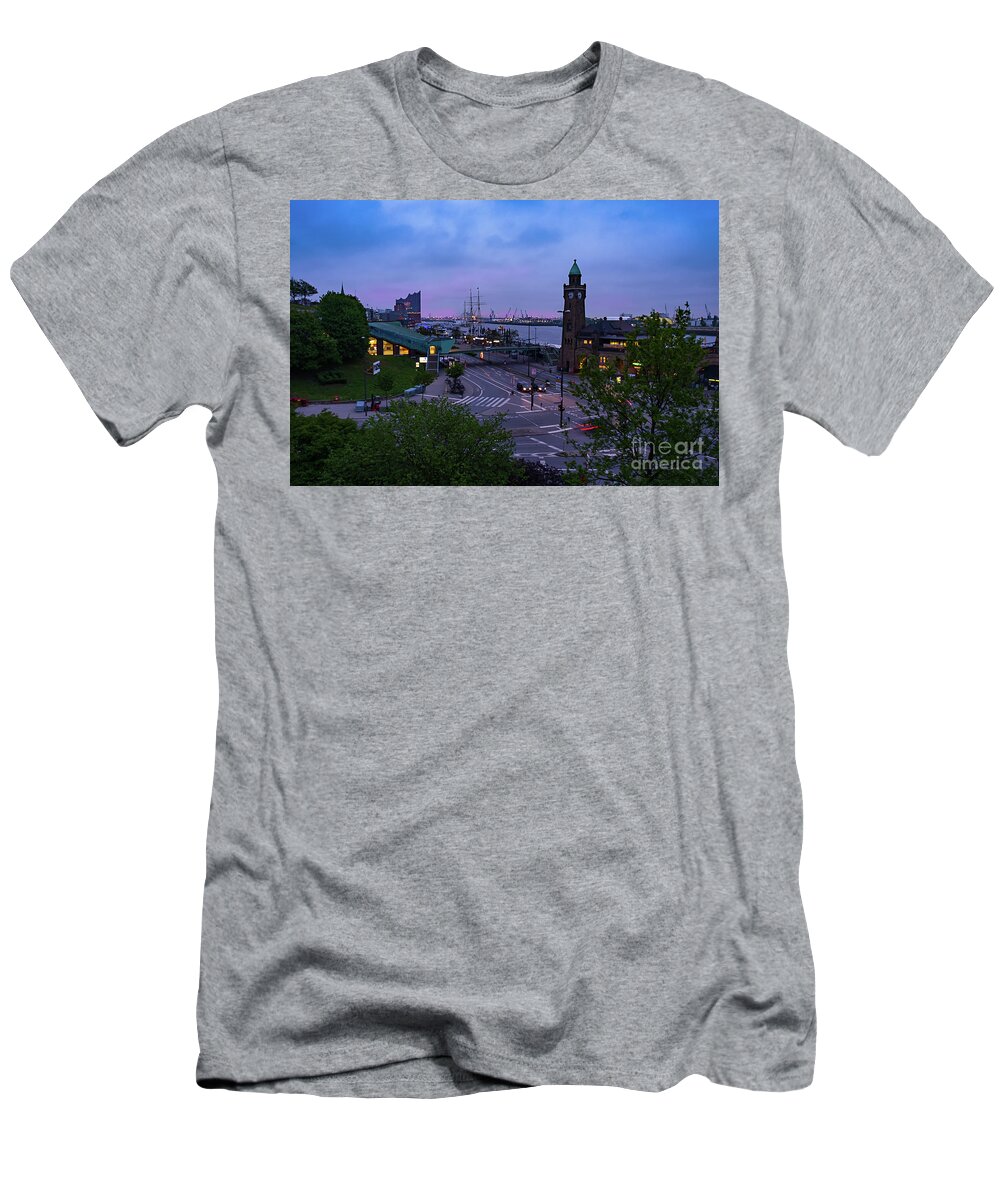 Dramatic T-Shirt featuring the photograph Dawn over the port and city Hamburg panorama by Marina Usmanskaya