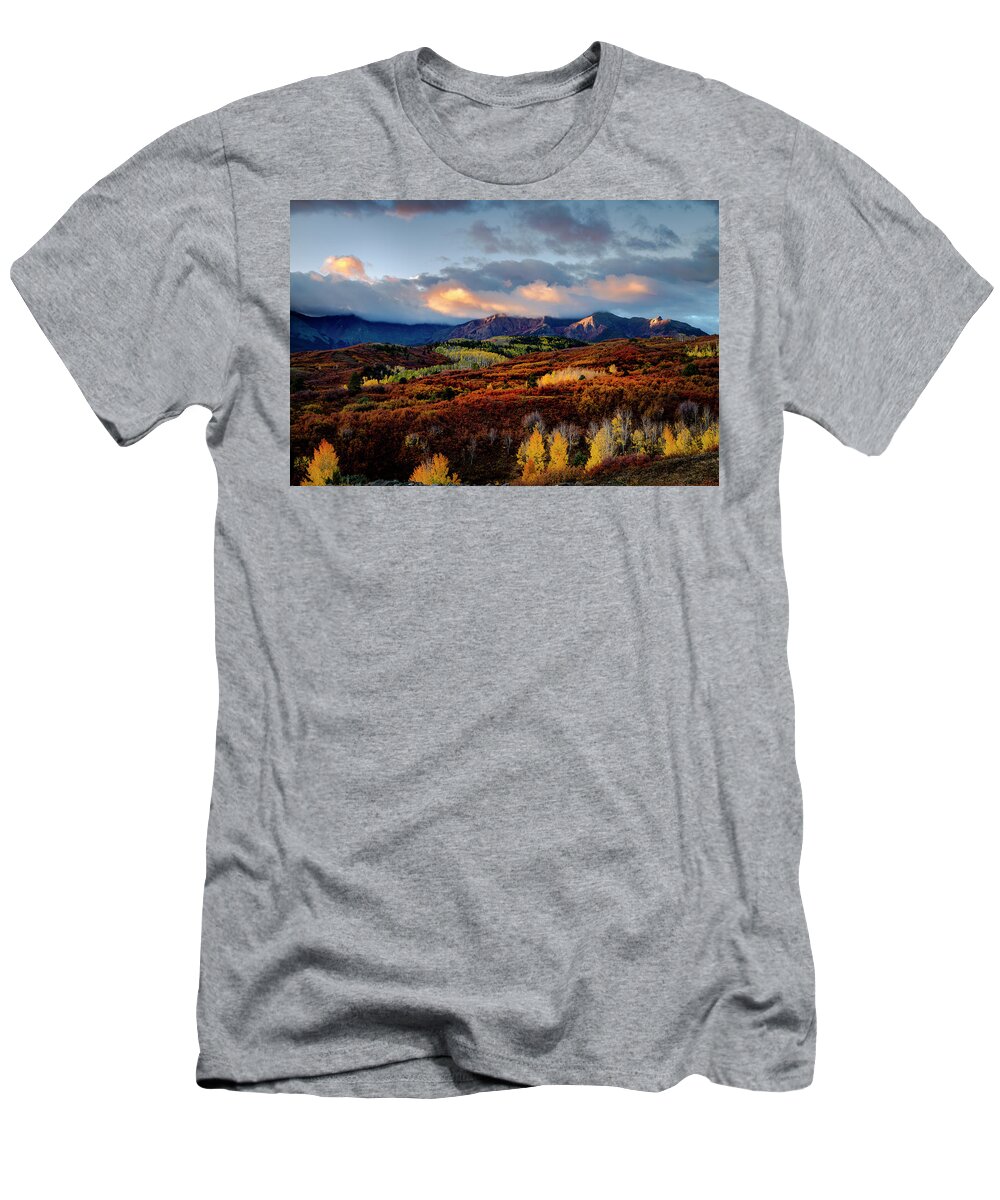 Aspen Trees T-Shirt featuring the photograph Dramatic Sunrise in the San Juan Mountains of Colorado by Teri Virbickis