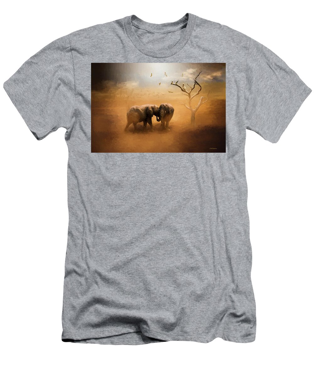 Elephant T-Shirt featuring the painting Elephants at Sunset 072 - Painting by Ericamaxine Price