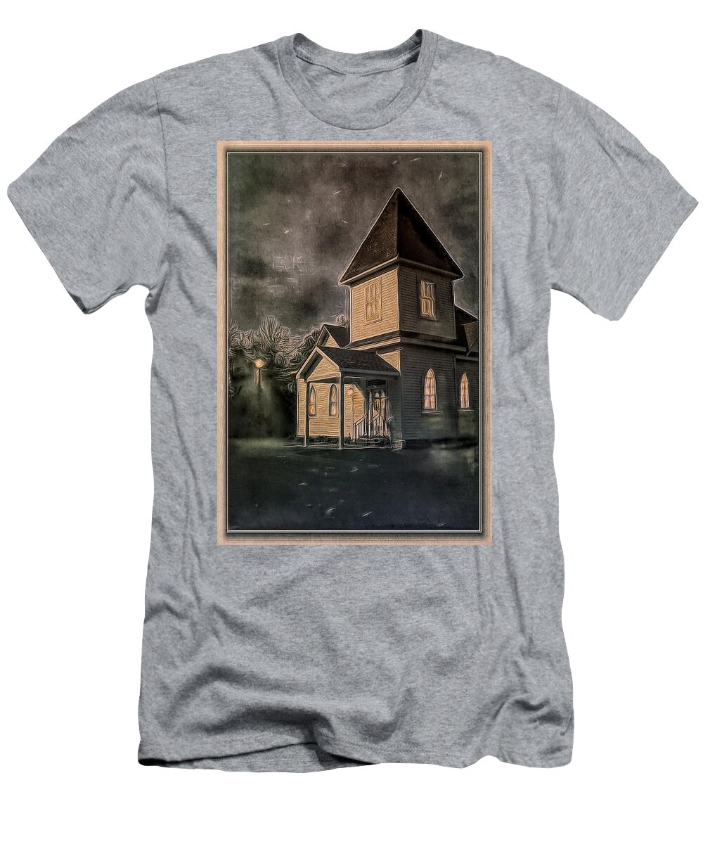 Church T-Shirt featuring the digital art Evening Services by Bonnie Willis