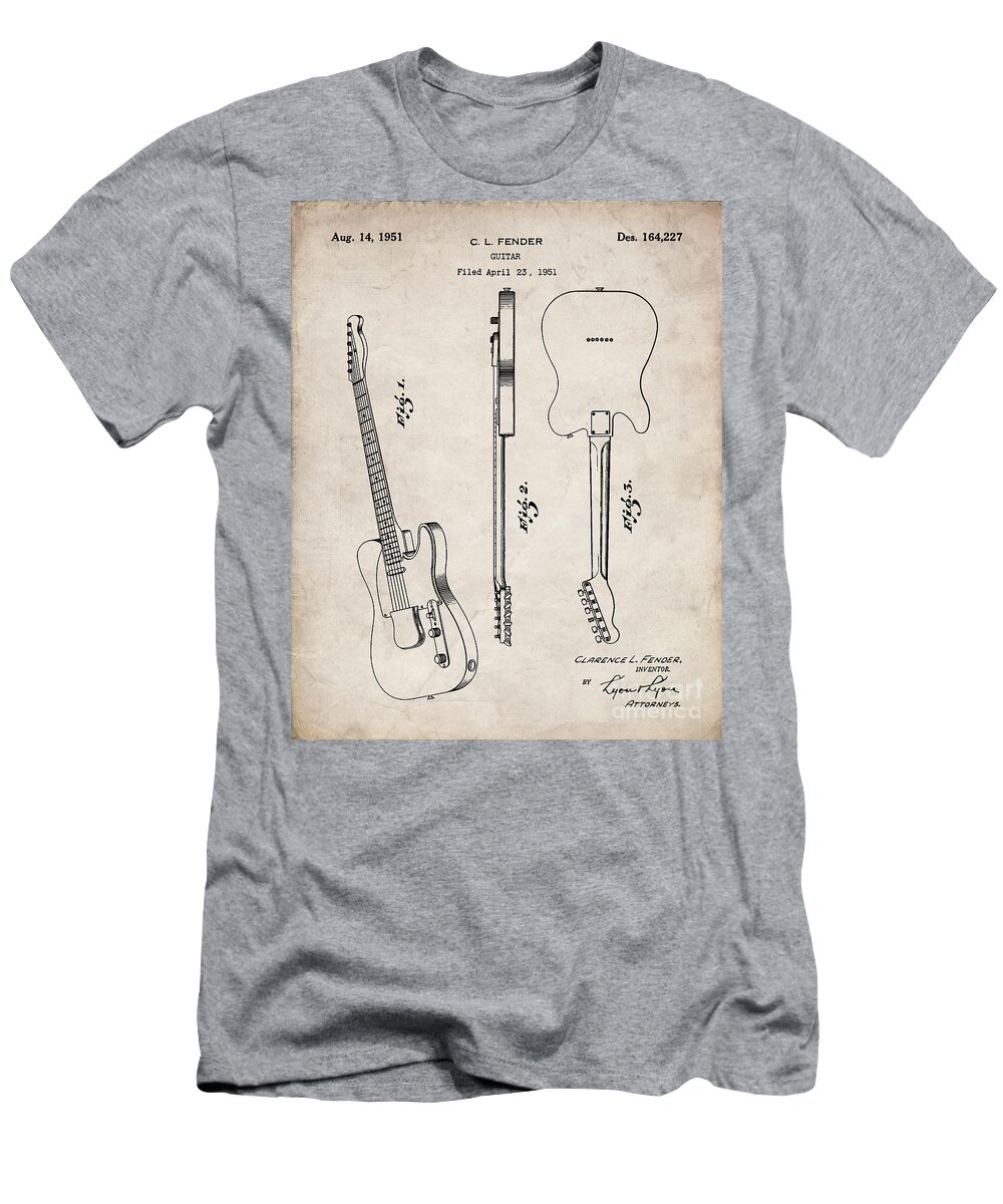 Fender Guitar T-Shirt featuring the digital art Fender Guitar Patent, Fender Electric Guitar Art - Antique Vintage by Patent Press