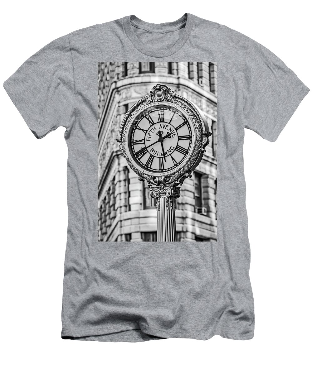 Clock T-Shirt featuring the photograph Flatiron and Fifth Ave Clock NYC BW by Susan Candelario