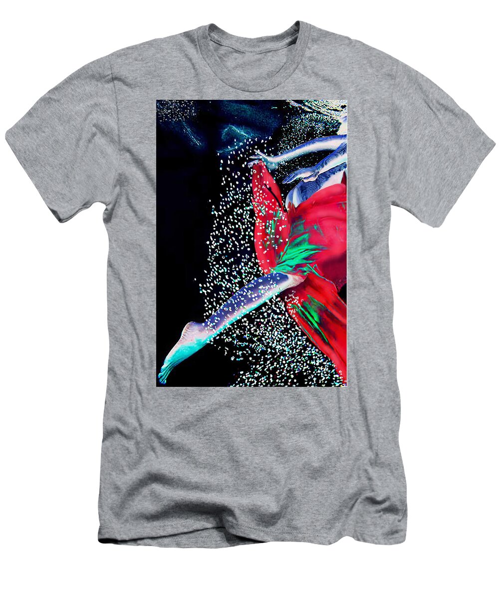 Underwater T-Shirt featuring the digital art Fleeing the Dark on a Bed a Bubbles by Leo Malboeuf