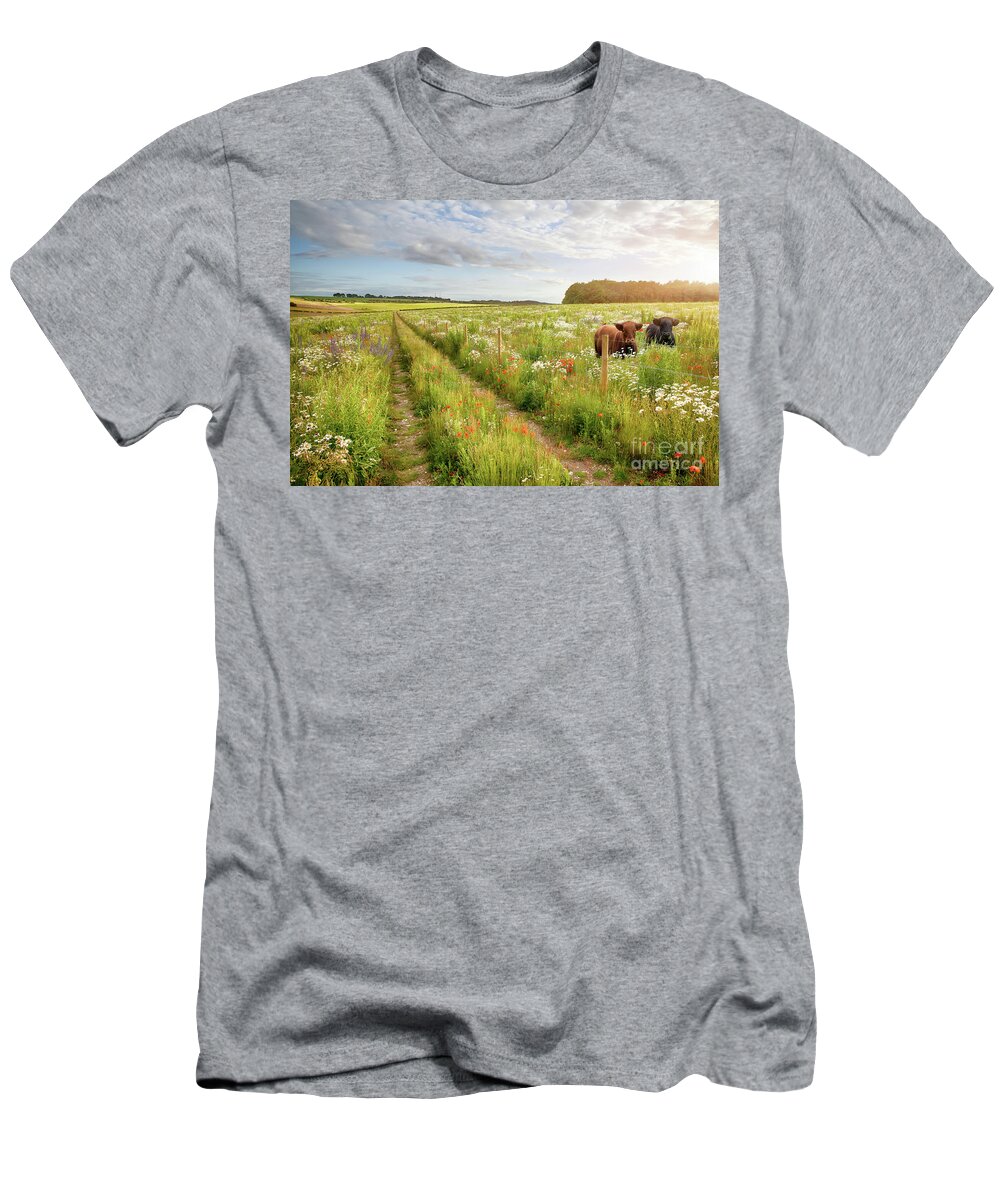 Norfolk T-Shirt featuring the photograph Norfolk flower meadow and two cows by Simon Bratt