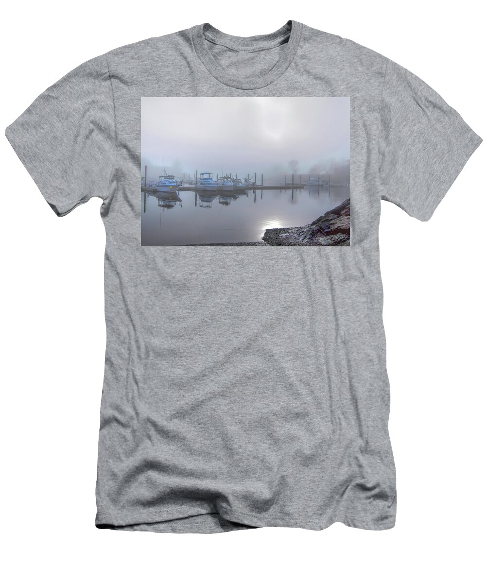 Foggy T-Shirt featuring the photograph Foggy Day At the Marina by Cordia Murphy