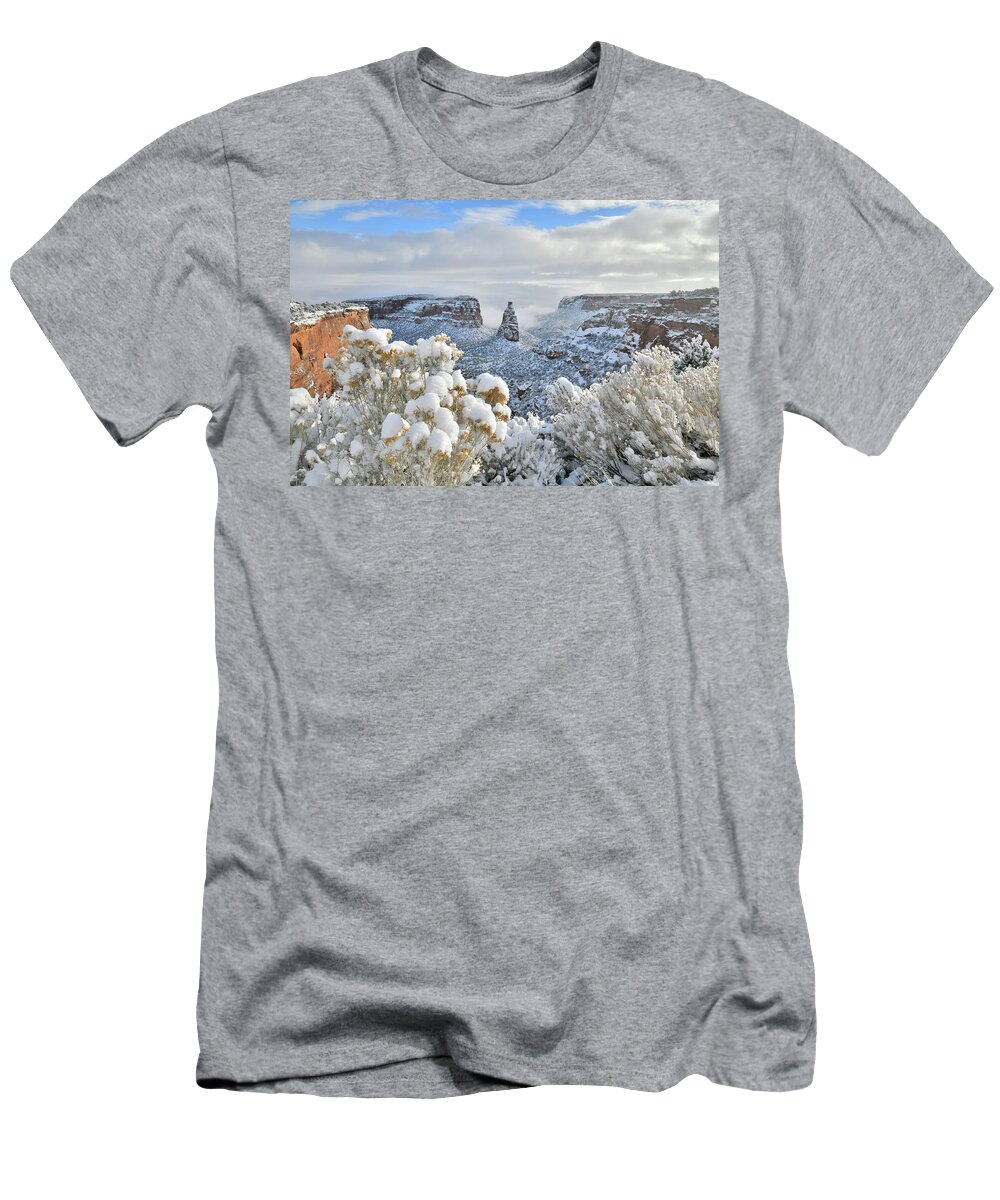 Colorado National Monument T-Shirt featuring the photograph Fresh Snow at Independence Canyon by Ray Mathis