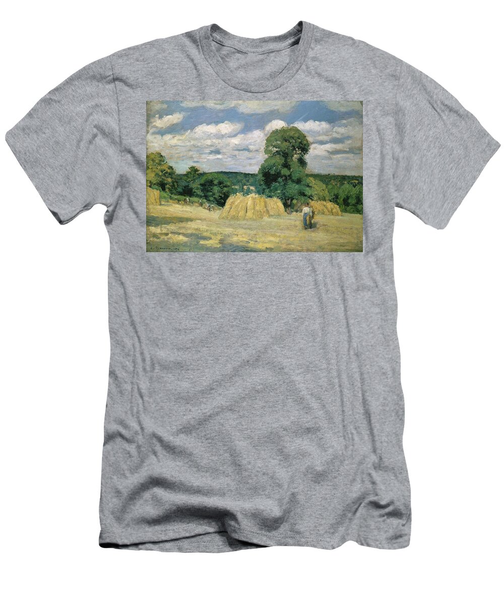 Camille Pissarro T-Shirt featuring the painting Harvesting at Montfoucault - 1896 - 65x92,5 cm - oil on canvas. by Camille Pissarro -1830-1903-