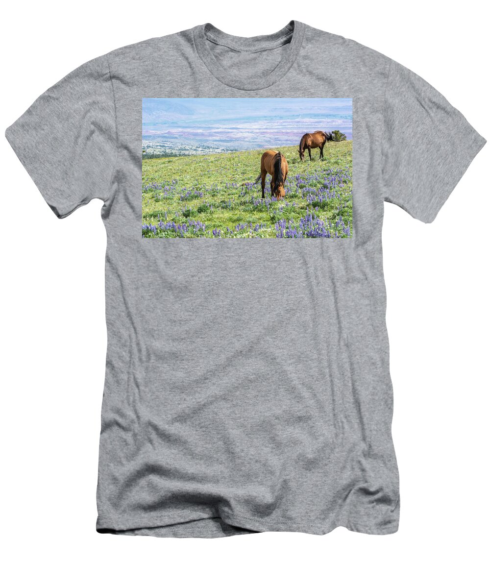 Pryor Mountain T-Shirt featuring the photograph Idyllic Pryor Mountain Mustang View by Douglas Wielfaert