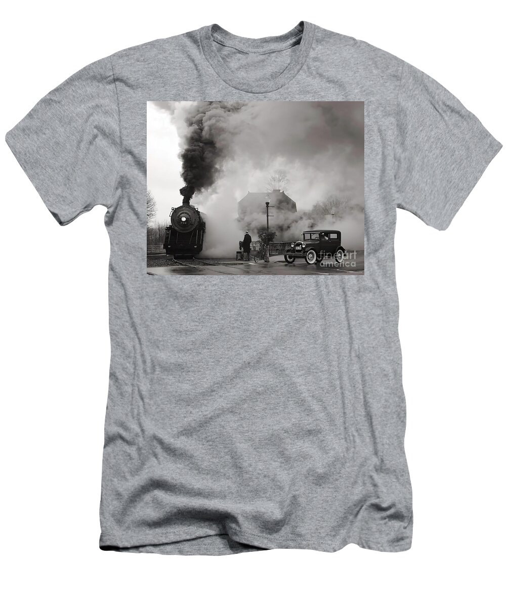 Vintage T-Shirt featuring the photograph Image Of Steam Locomotive And Model A Ford At Intersection by Retrographs