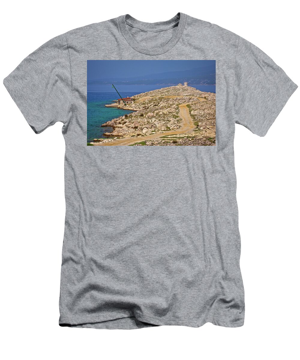 Silo T-Shirt featuring the photograph Island of Krk stone desert strand and Silo lighthouse view by Brch Photography