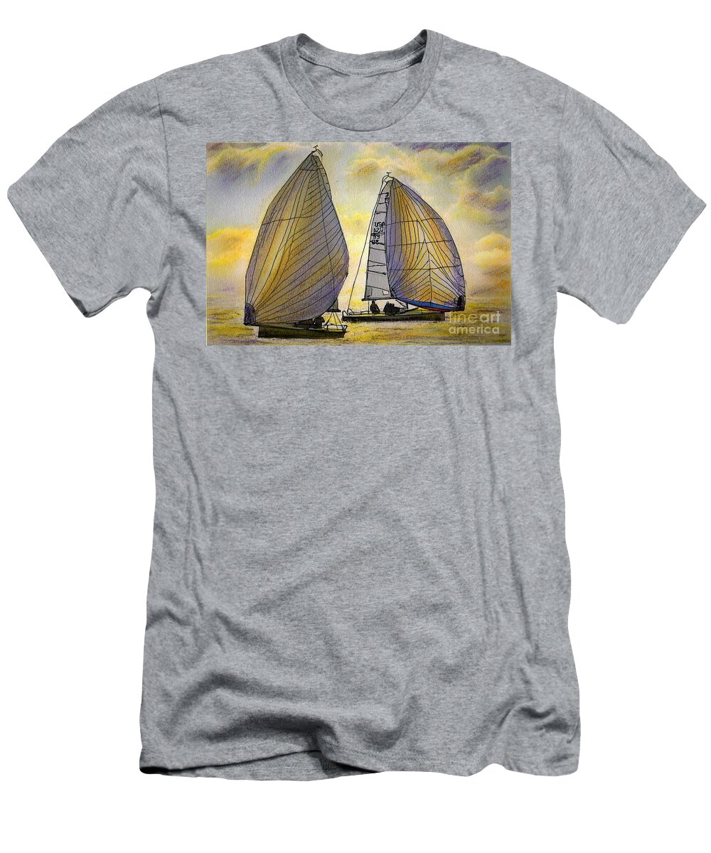 Sail T-Shirt featuring the painting J-70's in the Sunset by Randy Sprout