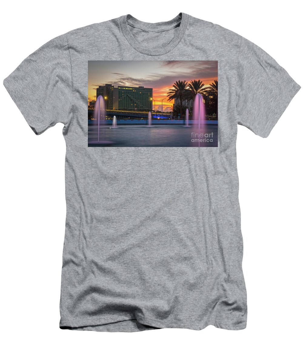 Sunrise T-Shirt featuring the photograph JAX Cityscape Sunrise At The Fountains by DB Hayes