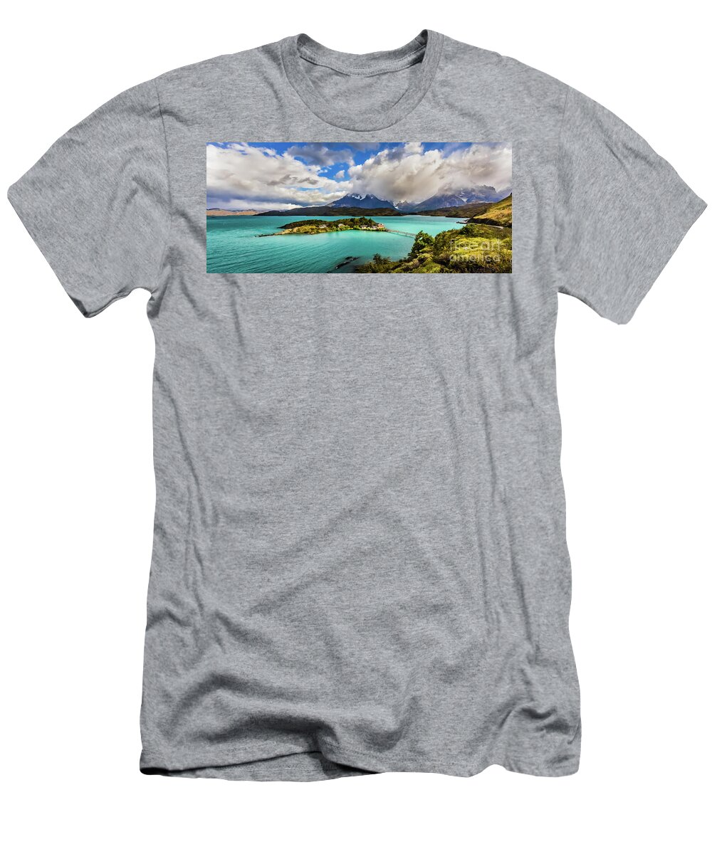 Lake T-Shirt featuring the photograph Lago Pehoe, Chile by Lyl Dil Creations