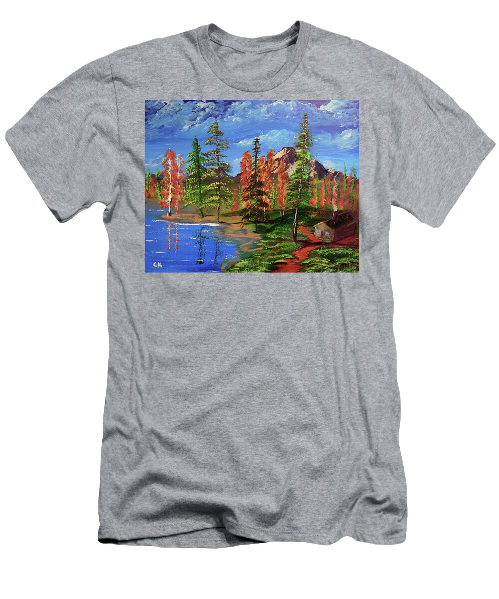 Lake T-Shirt featuring the painting Lakeside Cabin by Chance Kafka