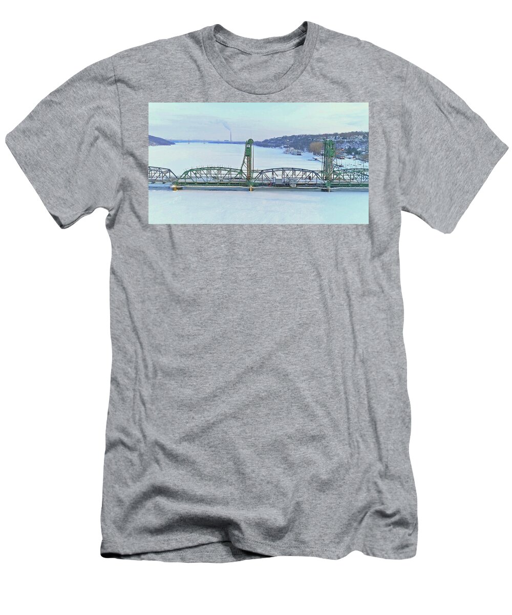 St. Croix River T-Shirt featuring the photograph Late Winter Stillwater Lift Bridge by Greg Schulz Pictures Over Stillwater