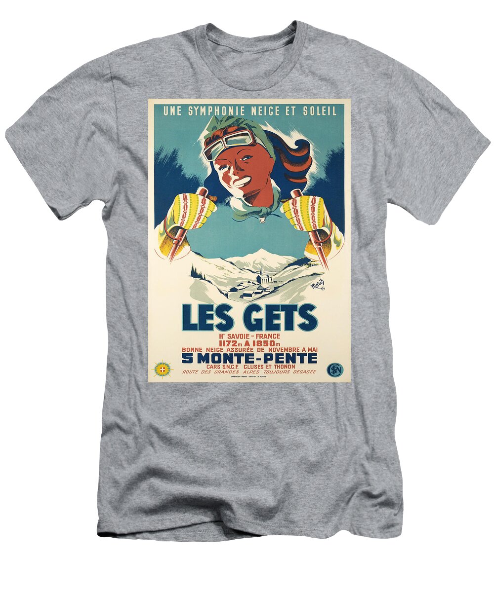 Les Gets Vintage Skiing Poster T-Shirt by Carlos V - Fine Art