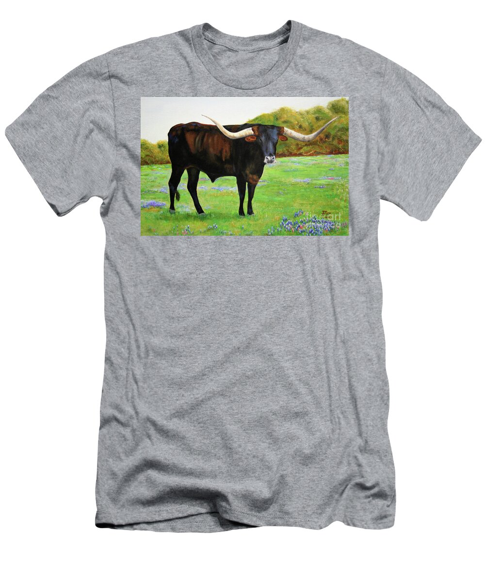 Longhorn T-Shirt featuring the painting Longhorn in Bluebonnets by Jimmie Bartlett