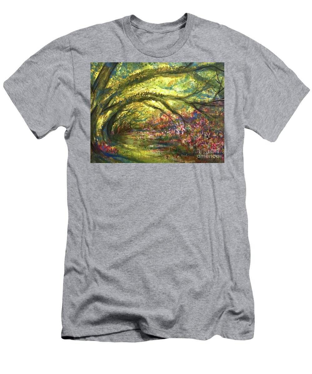 Impressionistic Floral Landscape Louisiana Watercolor Abstract Impressionism Water Bayou Lake Verret Blue Set Design Iris Abstract Painting Abstract Landscape Purple Trees Fishing Painting Bayou Scene Cypress Trees Swamp Bloom Elegant Flower Watercolor Coastal Bird Water Bird Interior Design Imaginative Landscape Oak Tree Louisiana Abstract Impressionism Set Design Fort Worth Texas T-Shirt featuring the painting LusciousPath by Francelle Theriot