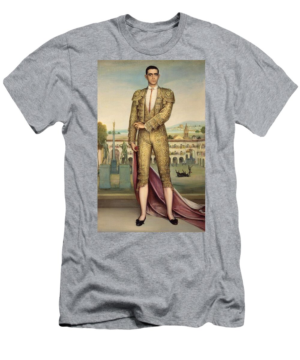 Julio Romero De Torres T-Shirt featuring the painting 'Machaquito', ca. 1911, Oil and tempera on canvas, 165 x 104 cm. JULIO ROMERO DE TORRES . by Julio Romero de Torres -1874-1930-