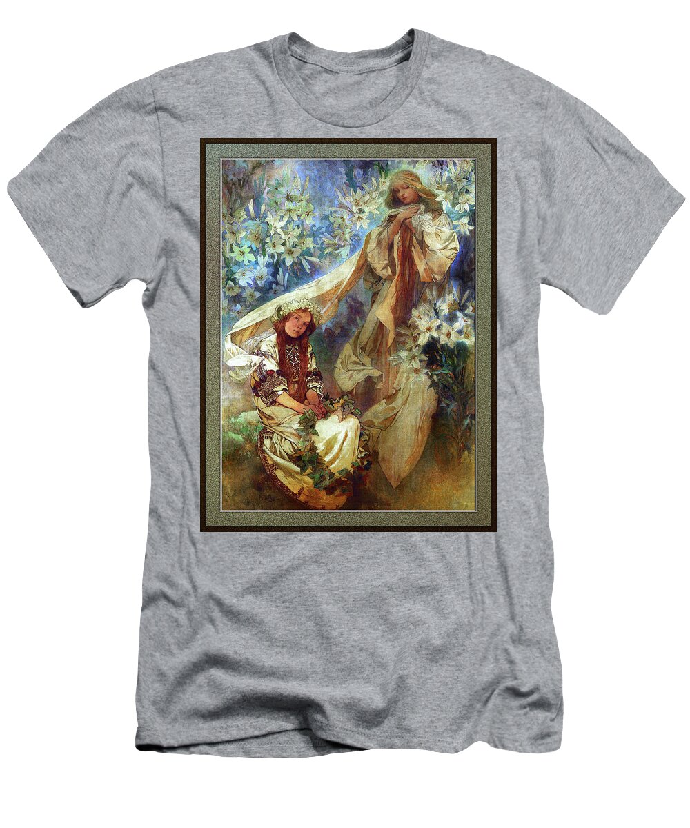 Madonna Of The Lilies T-Shirt featuring the painting Madonna of the Lilies by Alphonse Mucha by Rolando Burbon