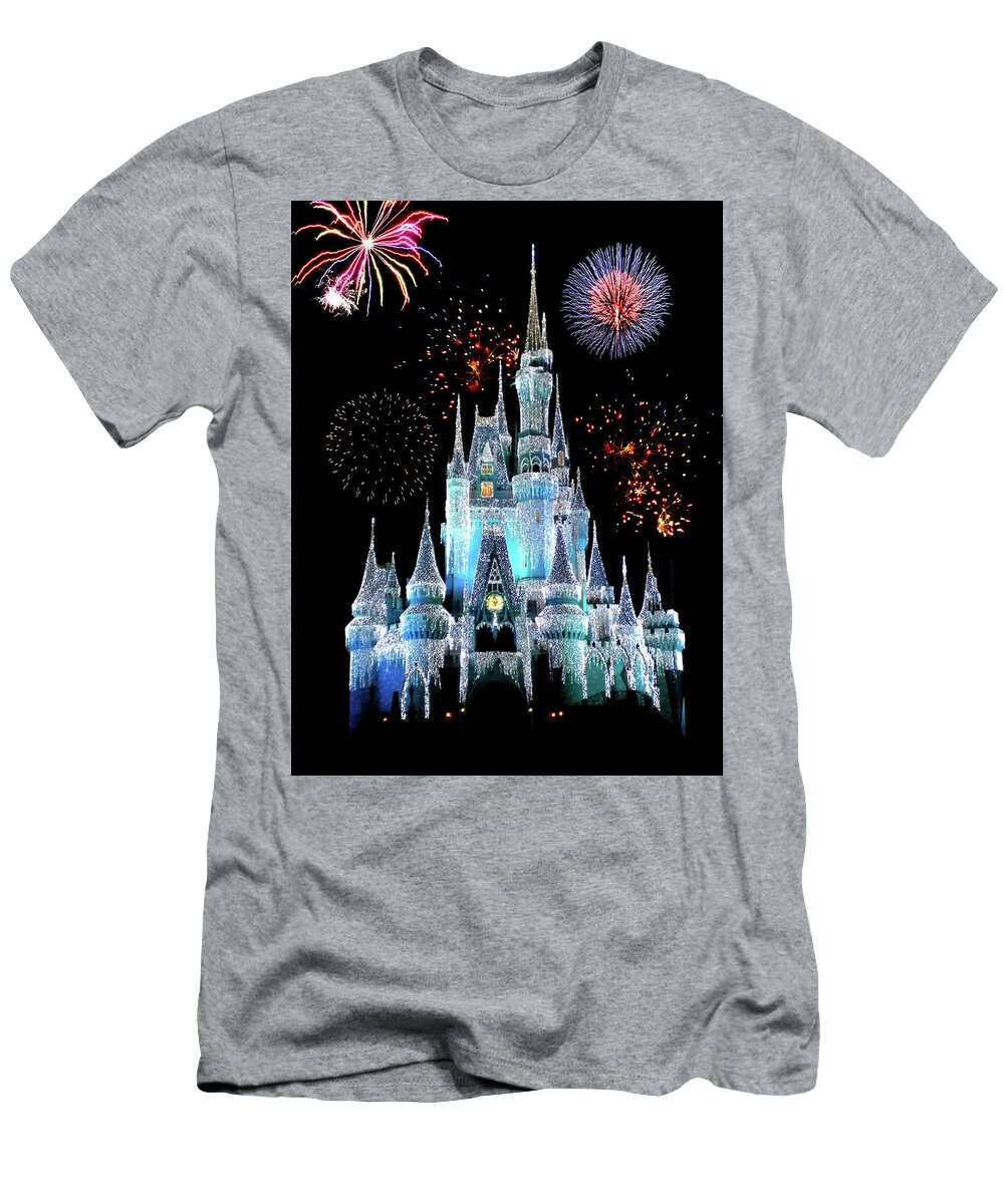 Castle T-Shirt featuring the photograph Magic Kingdom Castle In Frosty Light Blue with Fireworks 06 by Thomas Woolworth