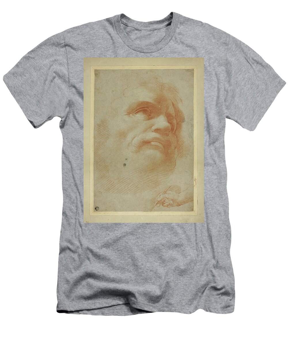 Sketch T-Shirt featuring the drawing Male Head And Sketch Of Right Hand Holding Stylus by After Correggio