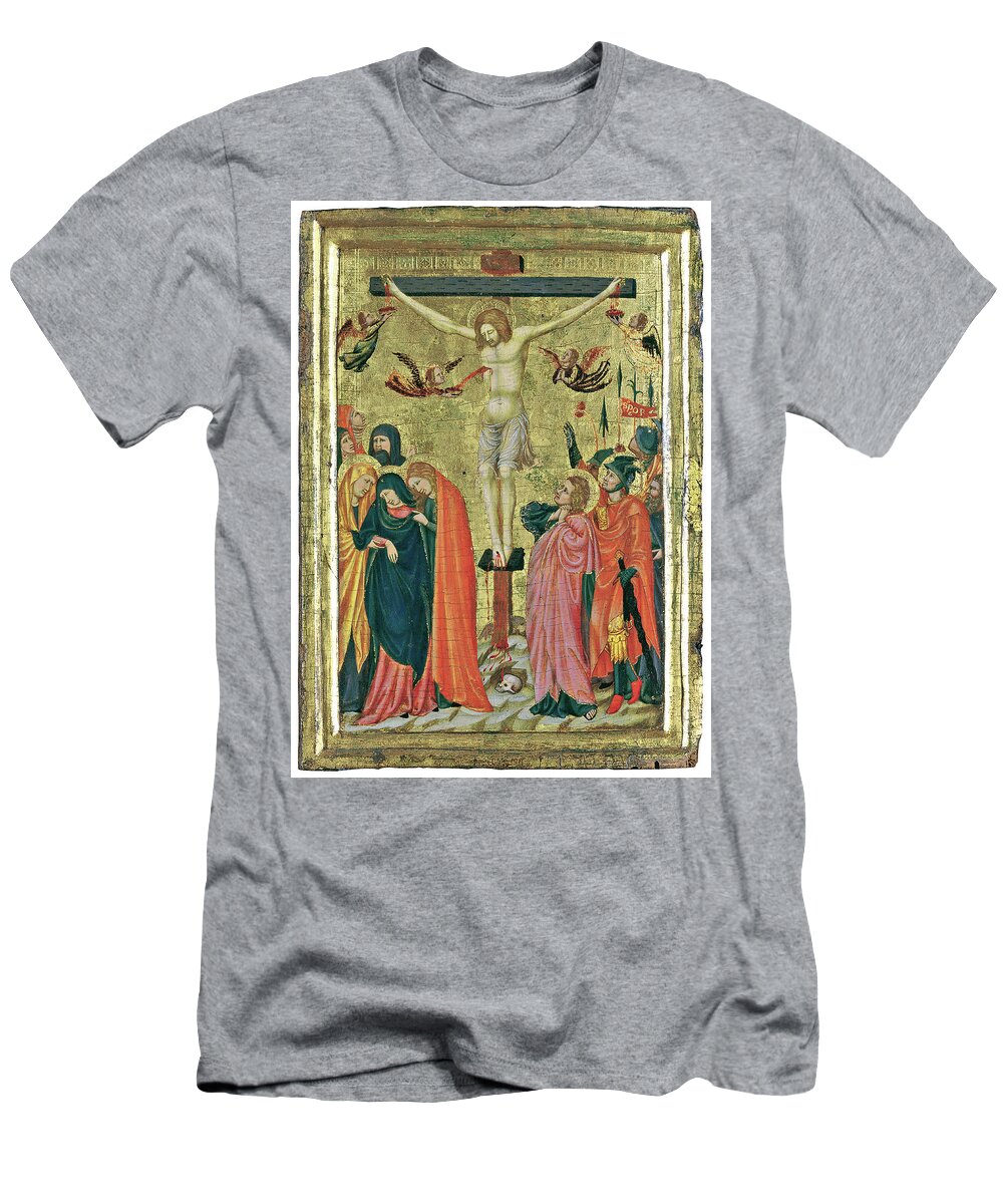 Master Of The Pomposa Chapterhouse T-Shirt featuring the painting Master of the Pomposa Chapterhouse -Active in the first quarter of the 14th century-. The Crucifi... by Master of the Pomposa Chapterhouse -14th cent -