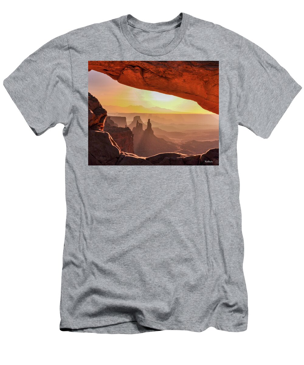 Mesa Arch T-Shirt featuring the photograph Mesa Arch at Sunrise, Washer Woman Formation , Canyonlands National Park, Utah by Tim Kathka