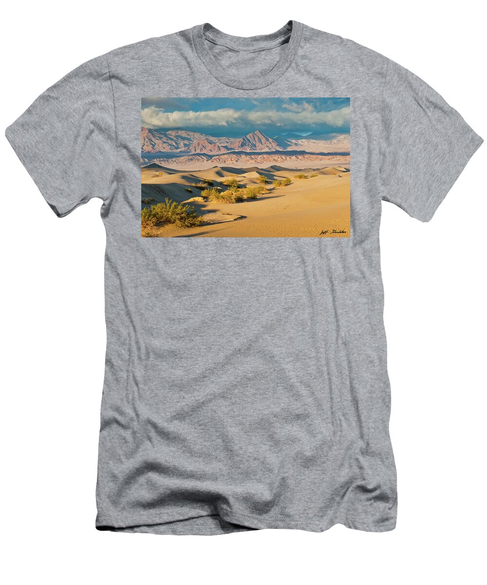 Amargosa Range T-Shirt featuring the photograph Mesquite Flat Sand Dunes at Sunset by Jeff Goulden