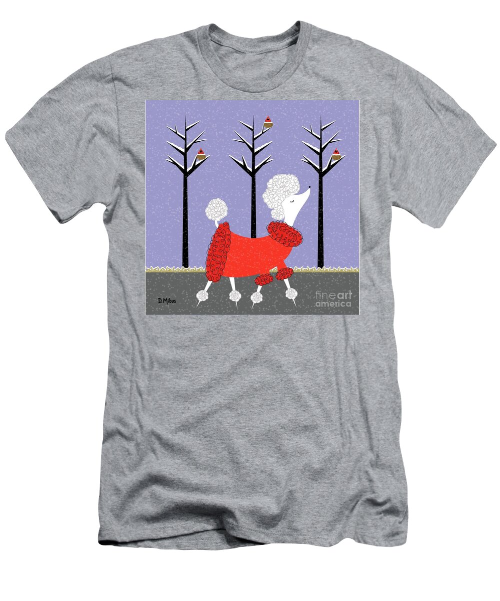 Mid Century Modern T-Shirt featuring the digital art Mid Century White Poodle Winter by Donna Mibus