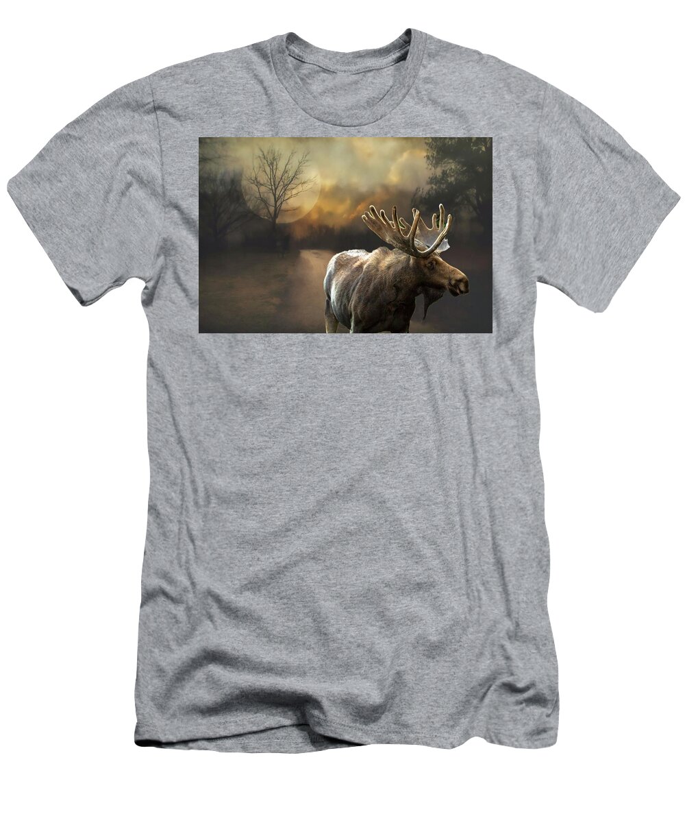 Moose T-Shirt featuring the mixed media Moon and Moose by Janette Boyd