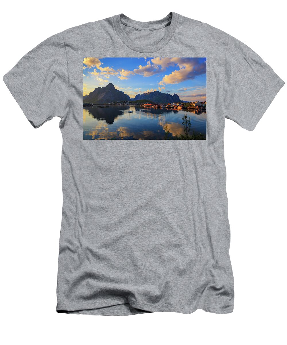 2018 T-Shirt featuring the photograph Midnight Sun Falls Upon the Village of Reine by Bridget Calip