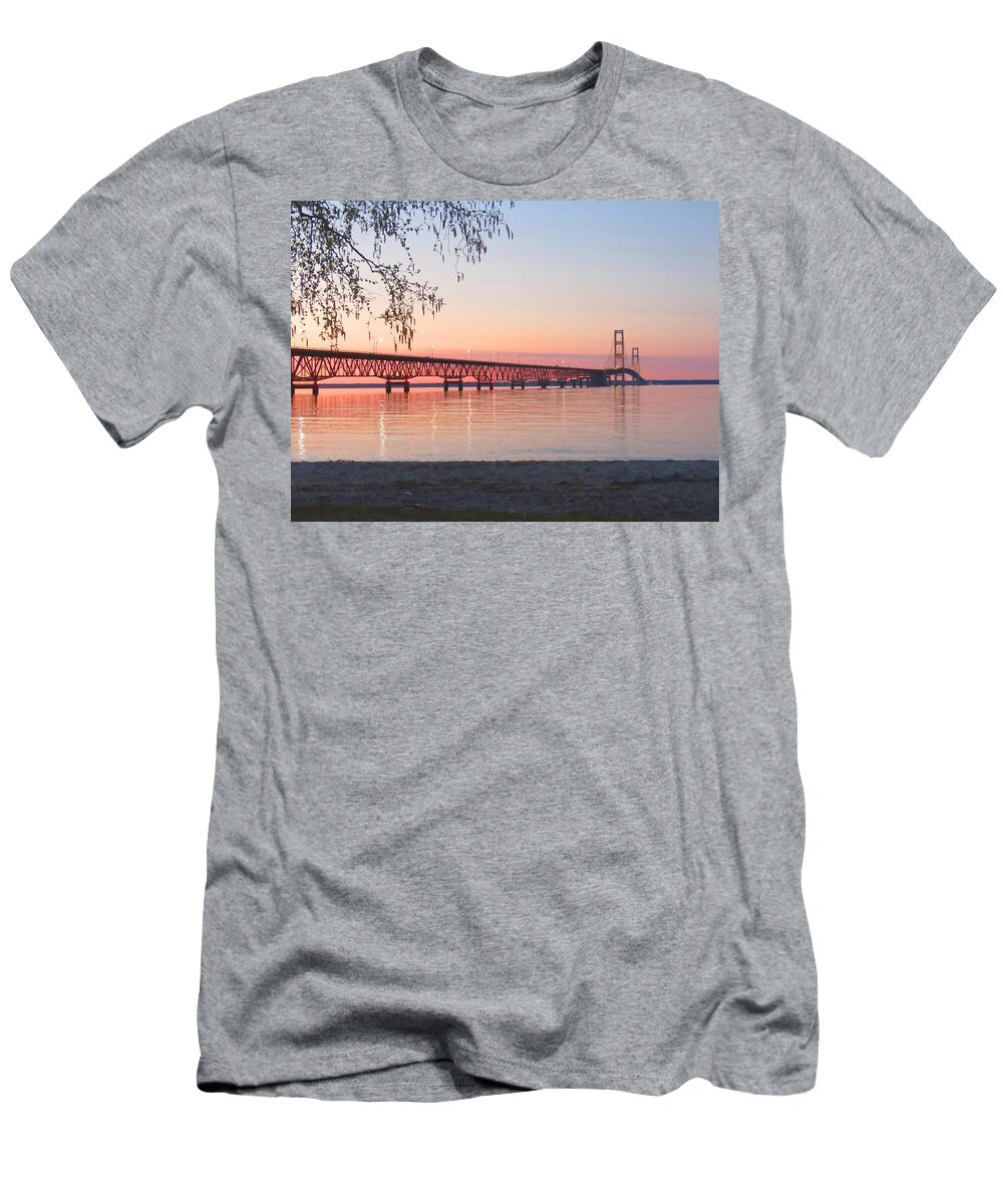 Mackinac Bridge T-Shirt featuring the photograph Mighty Mac and Birch Tree by Keith Stokes