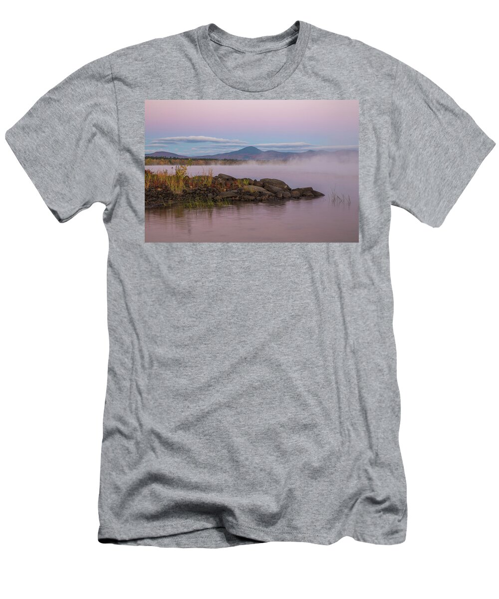 Misty T-Shirt featuring the photograph Misty Autumn Lakeside Sunrise by White Mountain Images