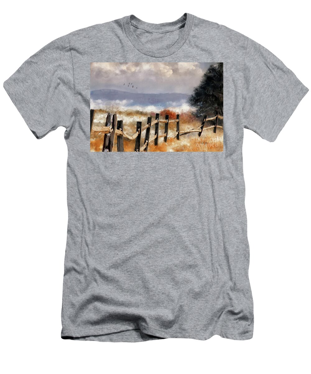 Autumn T-Shirt featuring the digital art Morning Mists In The Mountains by Lois Bryan