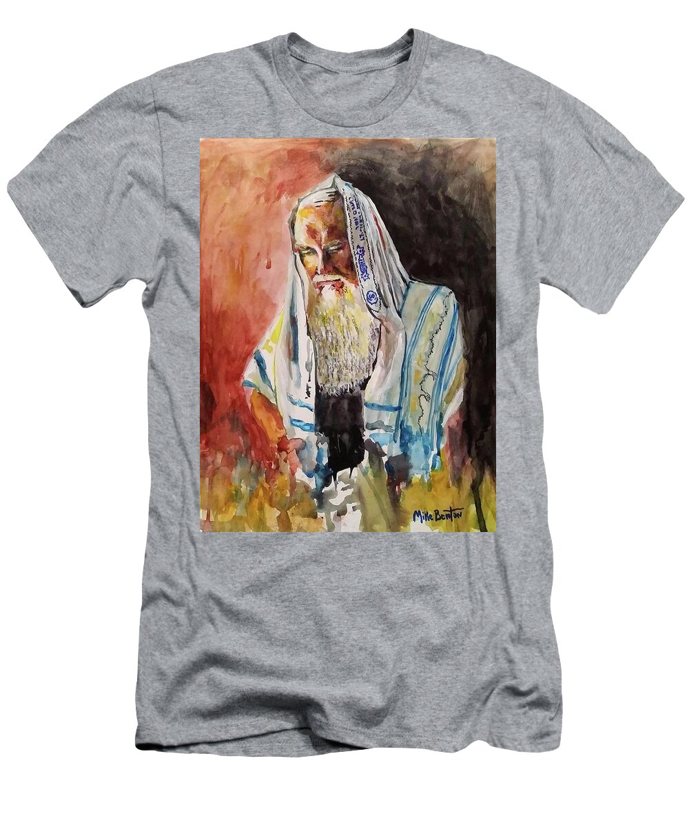 Rabbi T-Shirt featuring the painting Morning prayers by Mike Benton