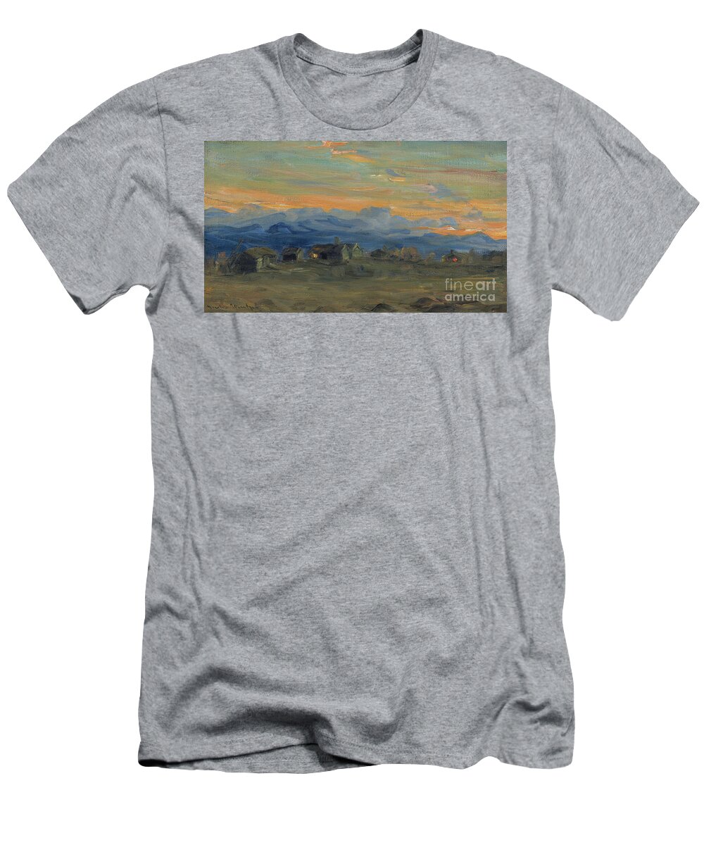 Country T-Shirt featuring the painting Mountain Farm In Evening Light by Gustav Wentzel