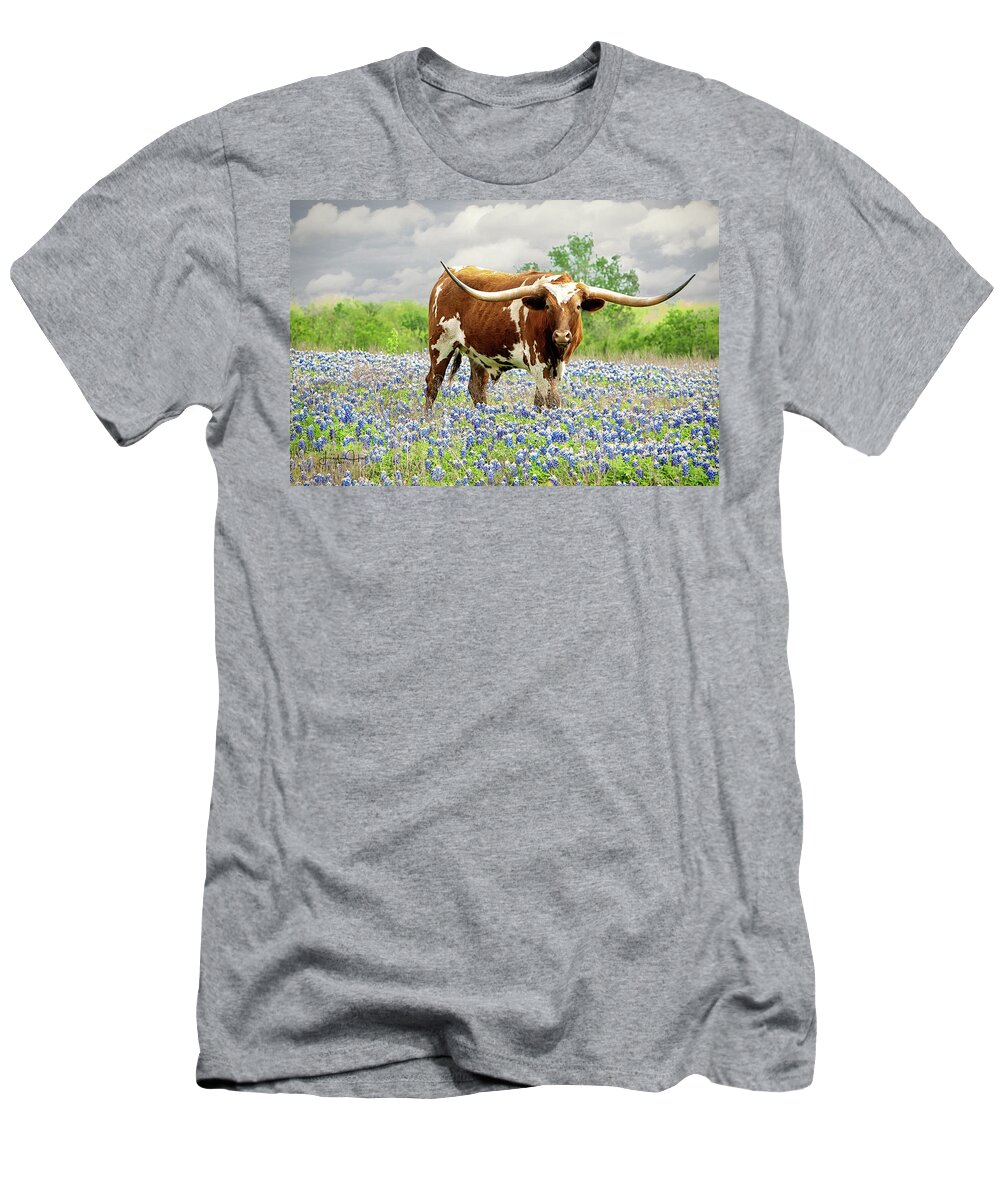 Longhorn T-Shirt featuring the photograph Mr. T in the Bluebonnets by Linda Lee Hall