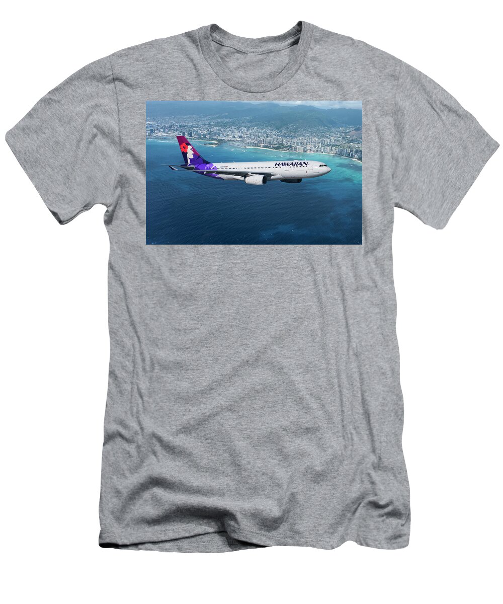 Hawaiian Airlines T-Shirt featuring the mixed media My Blue Hawaii Airbus by Erik Simonsen